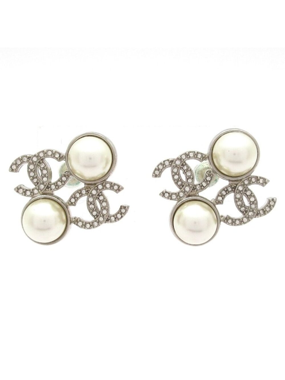 Chanel Earrings Silver Ivory Clear CC Logo